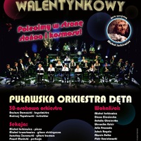 Plakat informujący o wydarzeniu w tle orkiestra