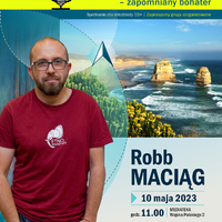 Plakat informacyjny - pan Robb MACIAG na tle morza  