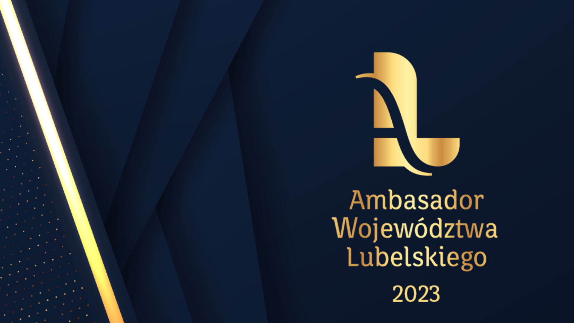 Złota litera L na granatowym tle, napis Ambasador Województwa Lubelskiego 2023