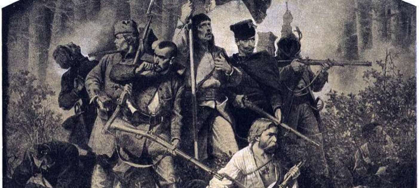 Obraz przedstawiający powstańców z bronią